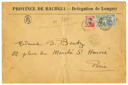"LONGMY" : 1912 5c+ 10c+ 25c Obl. LONGMY COCHINCHINE Sur Enveloppe RECOMMANDE Avec Entête "PROVINCE DE RACHGIA - D - Sonstige & Ohne Zuordnung