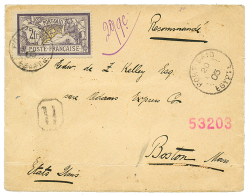 1905 PORT-SAID 2F MERSON Violet Seul Sur Lettre (AUSTRIAN LLOYD) RECOMMANDEE De PORT-SAID Pour BOSTON (USA). Timbre Rare - Autres & Non Classés