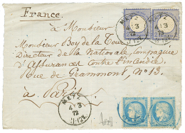 ALSACE LORRAINE : 1872 ALLEMAGNE 2g(x2) Obl. METZ + FRANCE 25c(n°60)x2 Obl. Cachet Bleu PARIS ETRANGER Sur DEVANT De - Other & Unclassified