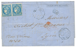 1871 Paire 20c BORDEAUX (1 Ex Pd) Obl. ANCRE + SMYRNE PAQ FR X N°2 Sur Lettre Pour LYON. RARE. TB. - Autres & Non Classés