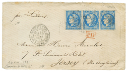 1871 20c BORDEAUX Bande De 3 (touchée) Obl. GC + VERSAILLES 10 MAI 71 Pour JERSEY. RARE. TB. - Other & Unclassified