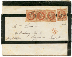 "Affrt à 8c Pour L'ANGLETERRE" : 1869 2c(n°26)x4 Obl. T.16 ORLEANS Sur Bande Avec IMPRIME Complet Pour NORFOL - Altri & Non Classificati