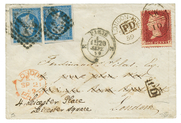 1859 20c(n°14)x2 Pd Sur Enveloppe De PARIS Pour LONDRES Réexpédiée Avec Un Timbre ANGLAIS &agra - Autres & Non Classés