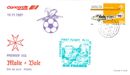 Lettre Enveloppe  Philatélique Concorde 1 Er Vol Malte Bale  15.11..1987 Air France - 1960-.... Lettres & Documents