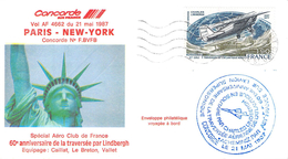Lettre Enveloppe Philatélique Concorde 60 ème Anniversaire Première Traversée Paris  New York 21.05.1987     Air France - 1960-.... Storia Postale