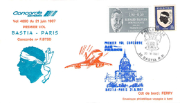 Lettre Enveloppe Philatélique Concorde Premier Vol Bastia Paris .Corse N° F B T S D 21.06.1987     Air France - 1960-.... Storia Postale