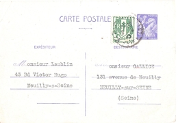 3809 NEUILLY Carte Postale Entier Iris 1,20 F Yv 651 CP1+ Chaînes Brisées 30 C  Yv 671 Ob 1945 - Covers & Documents