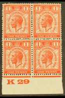 1929 1d Scarlet Postal Union Congress (SG 435) Very Fine Mint Block Of Four With Marginal "K 29" Control, The... - Sin Clasificación