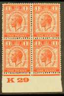 1929 1d Scarlet Postal Union Congress (SG 435) Very Fine Mint Block Of Four With Marginal "K 29" Control, The... - Non Classés