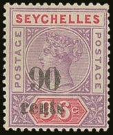 1893 90c On 96c Mauve And Carmine SG 21, Fine Mint.  For More Images, Please Visit... - Seychellen (...-1976)