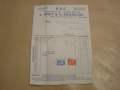 Facture R S F Recaoutchoutage Breveté Caoutchouc L SMET & G FRANCOIS Bruxelles Timbres Taxe Léopold Année 1928 - Ambachten