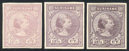Sc.26, 1892/3 Queen Wilhelmina 12½c., 3 TRIAL COLOR PROOFS (different Colors), Imperforate, Excellent... - Suriname