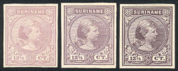 Sc.26, 1892/3 Queen Wilhelmina 12½c., 3 TRIAL COLOR PROOFS (different Colors), Imperforate, Excellent... - Surinam