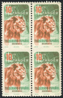 10c. Stamp For Telegraph (lion), Block Of 4 With Variety: IMPERFORATE HORIZONTALLY, MNH, VF Quality! - Maroc Espagnol