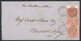 10/JUN/1861 LONDON - Buenos Aires: Folded Cover Franked With Strip Of 3 Sc.26, "W.C 13" Duplex Cancel, Very Fine... - Andere & Zonder Classificatie