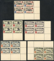 Yvert 120/124, Airplanes, Cmpl. Set Of 5 Values In MNH Blocks Of 4, VF Quality, Catalog Value Euros 140. - Collections, Lots & Series