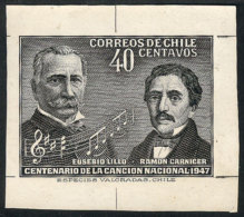 Yvert 218, 1947 National Anthem, DIE PROOF In Black Printed On Thick Paper With Glazed Front, VF Quality, Rare! - Chile