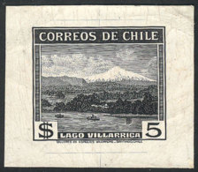 Yvert 177, 1938/50 5P. Villarrica Lake (ship, Volcano), DIE PROOF In Black, VF Quality, Rare! - Chile