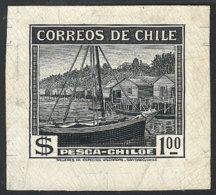 Yvert 174, 1938/50 1P. Fishing, Chiloé (fishing Boat, Palafito - Stilt Houses), DIE PROOF In Black, VF... - Chile