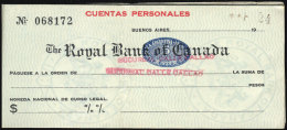 Old Checkbook With 10 Unused Cheques Of The Royal Bank Of Canada  - Buenos Aires Branch, Each Check Revenue Stamped... - Cheques En Traveller's Cheques