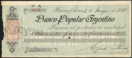 Check Of Banco Popular Argentino, Year 1888, With Revenue Stamp Of 5c. Affixed, VF Quality, Rare! - Cheques En Traveller's Cheques