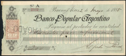Check Of Banco Popular Argentino, Year 1888, With Revenue Stamp Of 5c. Affixed, VF Quality, Rare! - Chèques & Chèques De Voyage