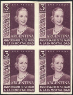 GJ.1030, 1954 Eva Perón, PROOF On White Paper, Block Of 4 In Dark Purple-violet, VF, Rare! - Andere & Zonder Classificatie