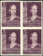 GJ.1030, 1954 Eva Perón, PROOF On White Paper, Block Of 4 In Dark Purple-violet, VF, Rare! - Autres & Non Classés