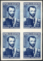 GJ.854, 1941 General Juan Lavalle, PROOF In Intense Blue, Imperforate Block Of 4 On Paper Of Glazed Front, VF... - Andere & Zonder Classificatie