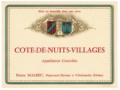 ETIQUETTE COTE-DE-NUITS-VILLAGES PIERRE MALBEC NEGOCIANT-ELEVEUR A VILLEFRANCHE RHONE - Bourgogne