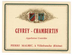 ETIQUETTE GEVREY-CHAMBERTIN PIERRE MALBEC A VILLEFRANCHE RHONE - Bourgogne