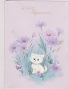 Carte Double ,HEUREUX ANNIVERSAIRE,CHAT,CHATON,CAT,FLEURS,CHAMPS,CAMPAGNE,NATURE - Birthday