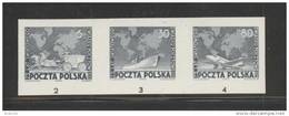 POLAND 1949 75TH ANNIV OF UPU STRIP OF 3 BLACK PROOFS NHM (NO GUM) MAPS PLANES SHIPS HORSES CARRIAGES - Proeven & Herdruk