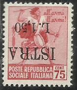 OCCUPAZIONE ISTRIA ISTRA 1945 LIRE 1,50 SU 75 CENT (n 499) MNH VARIETA' CON SOPRASTAMPA CAPOVOLTA VARIETY FIRMATO SIGNED - Joegoslavische Bez.: Fiume