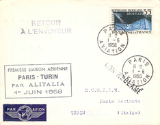 Lettre Poste Aérienne 1ère Liaison Aérienne Paris Turin Par Alitalia 1958 Circulée Et Retour  Timbre 35f  Bruxelles - 1960-.... Lettres & Documents