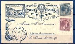 1927 , LUXEMBURGO , TARJETA POSTAL CONMEMORATIVA DE LA EXPO INTERNACIONAL DE FILATELIA , " PAR BALLON" , MAT. ROODT - Storia Postale