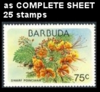 CV:€17.88 FLOWERS Barbuda 1978 Dwarf Poinciana 75c COMPLETE SHEET:25 Stamps [feuilles, Ganze Bogen,hojas] - Barbuda (...-1981)