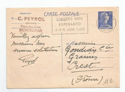 Entier Postal 20f  1960  , Peyrol Graines Place Des Clercs Montelimar 26 Drome Pour Crest Flamme Esperanto - Cartoline Postali E Su Commissione Privata TSC (ante 1995)