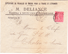 Semeuse N°199 Sur Lettre "volailles De Bresse Deliance" à Montret, Pour Chalon-sur-Saône (1932) - Covers & Documents