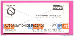 Ticket De Train / Métro - RATP / SNCF (Autorisation De Passage) Paris Train Ticket Transportation - Europe