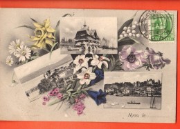 IAU-01   Litho Multivues Nyon, Promenthoux, Fleurs. Cachet Frontal 1908, Timbre 10ct à Percevoir Au Verso. - Nyon