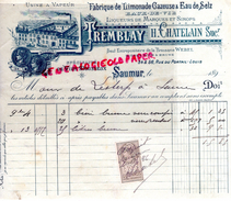 49 -SAUMUR -FACTURE TREMBLAY- H. CHATELAIN -FABRIQUE LIMONADE EAU DE SELTZ-BRASSERIE WEBEL-54 RUE DU PORTAIL LOUIS -1896 - 1800 – 1899