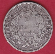 France 2 Francs Argent Cérès 1887 A - Andere & Zonder Classificatie