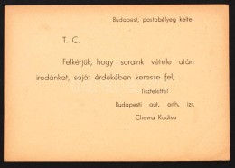 1944 A Budapesti Chevra Kadisa LevelezÅ‘lapja, Melyben Kéri Hogy A Címzett Saját... - Sonstige & Ohne Zuordnung