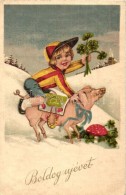 T2/T3 Boldog Újévet! / New Year Greeting Card With Child Riding A Pig, Litho (EK) - Ohne Zuordnung