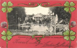 T2/T3 Wiesbaden, Curhaus Mit Bowling Green / Spa, Clovers, Art Nouveau Litho Art Postcard. Carl Von D. Boogaart... - Ohne Zuordnung