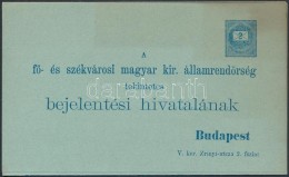 1874 2kr Kék SzínÅ± Ritka Díjjegyes RendÅ‘rségi BejelentÅ‘lap, Használatlan - Autres & Non Classés