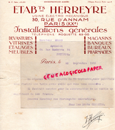 75- PARIS -FACTURE ETS. HERREYRE- ISNTALLATIONS VITRINES MAGASINS-BANQUES- 30 RUE D' ANNAM- 1928 - 1900 – 1949