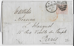 GB - 1877 - YVERT N° 56 PLANCHE 5 Sur LETTRE (LAC) De LONDON => PARIS - COTE Du TIMBRE DETACHE = 50 EURO - Cartas & Documentos