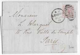 GB - 1877 - YVERT N° 56 PLANCHE 8 Sur LETTRE (LAC) De LONDON => PARIS - COTE Du TIMBRE DETACHE = 50 EURO - Cartas & Documentos